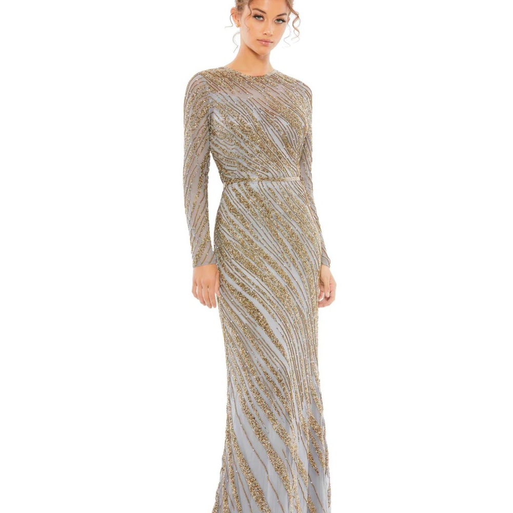 Mac Duggal #5240 Long Sleeve Beaded Column Gown Platinum Sz 14.         …